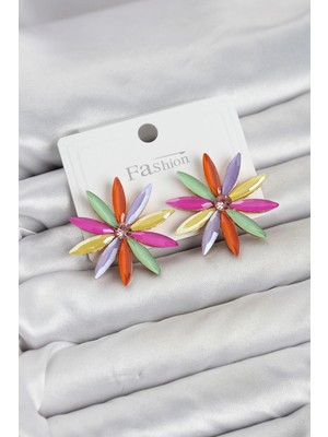Belle Fusion Mey Ithalat® Karışık Renk Kristal Taşlı Lotus Model Kadın Küpe