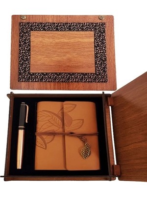 Belle Fusion Mey Ithalat® Ahşap Kutulu Taba Renk Deri Defter ve Kalem Set
