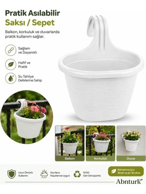 Abnturk Pratik Dayanıklı Şık 3lt Beyaz Sahra Askılı SAKSI-22X26X25CM Balkon Korkuluk Duvar Için Askılı Sepet