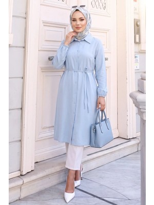 Modestim Kadın Tesettür Mavi Tensel Kumaş Gömlek Tunik Beli Kuşaklı Boydan Düğmeli Trend Tesettür Uzun Tunik