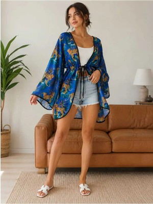 Daisy Kadın Leopar Desenli Mavi Kimono Plaj Hırkası Pareo Salaş Yazlık M Beden