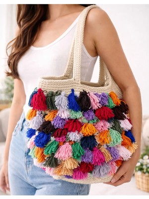 Daisy El Yapımı, Örgü Çanta, Omuz Çantası, Bohem, Kadın Çantası, Püsküllü