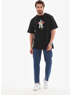 3 Bisiklet Yaka Baskılı Oversize T-Shirt - Siyah -