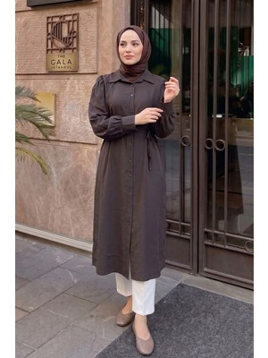 Modestim Kadın Trend Tesettür Kahve Cupro Kumaş Gömlek Tunik Beli Kuşaklı Boydan Düğmeli Tesettür Uzun Tunik