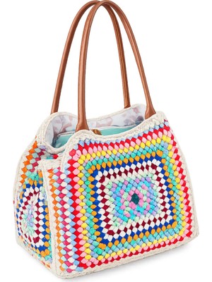 Daisy El Yapımı Çanta Örgü Çanta Granny Square Omuz Çantası Tote Çanta Bohem Çanta Kadın Çantası Büyük Çanta Renkli Çanta