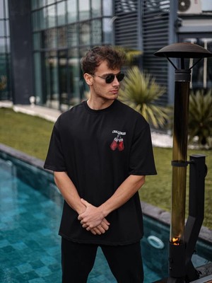 3 Bisiklet Yaka Baskılı Oversize T-Shirt - Siyah -