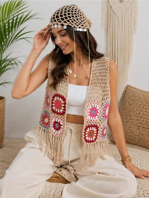 Daisy Bohemyelek, Örgüyelek, Kroşeyelek, Elyapımı, Grannysquare, Plajyeleği ,kadınyelek,bohostil ,püsküllüyelek,yazlıkyelek
