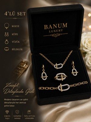 Banum Luxury En Son Moda Şık Modern Özel Seri Kolye Küpe Yüzük Bileklik Set Halinde Gold Renk Taş Detayı Xp Zirkon Taşlı Set Takım