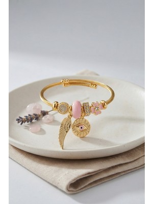 Renklime Pembe Göz Model Gold Renk Charmlı Bileklik - Lisinya