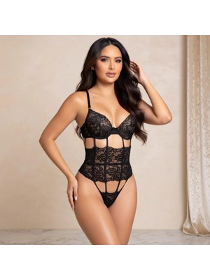 New Dreams Fantezi Kadın Siyah Dantel Body, Dantelli Şık Jartiyer Gecelik, Kadın İç Giyim, Bodysuit Siyah