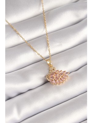 Renklime 316L Çelik Gold Renk Zincir Pembe Zirkon Taşlı Kuğu Model Kadın Kolye - Lisinya