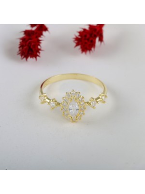 Gezer Kuyumculuk 925 Ayar Gümüş Gold Kaplama Vintage Badem Taşlı Yüzük