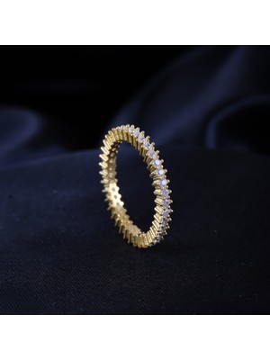 Gezer Kuyumculuk Yuvarlak Taşlı Tamtur Yüzük, Yuvarlak Kesim Gold Renk Kaplama Kadın Yüzük, 925 Ayar Gümüş