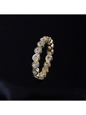Gezer Kuyumculuk Yuvarlak Kesim Sıvama Tamtur Yüzük, Gold Renk Kaplama Kadın Yüzük, 925 Ayar Gümüş