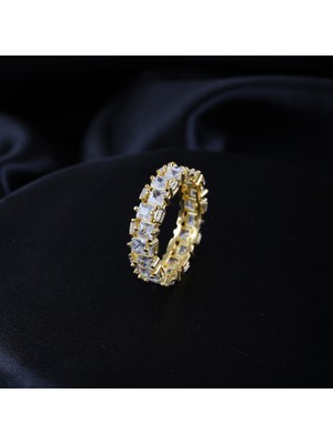 Gezer Kuyumculuk Kare Taşlı Tamtur Yüzük, Prenses Kesim Gold Kaplama Kadın Yüzük, 925 Ayar Gümüş