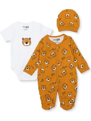 TeknoKapsül Ebebek Hello Baby Hellobaby Erkek Bebek Tulum-Body-Şapka Hayvan Baskılı Çıtçıtlı Bisiklet Yaka Uzun Kol Patikli