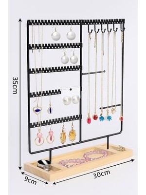 Takı Organizeri, Takı Standı Metal Stand ve Ahşap Taban, 35X30X9.5 Cm, Küpe Kolye Yüzük Düzenleyici, Siyah