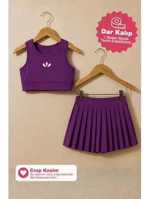Zuzunga Kız Çocuk Mürdüm Renk Pileli Crop Şort Etek Alt - Üst Takım
