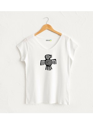 Kidilia Aztek Kuş Görselli V Yaka Tasarım T-Shirt