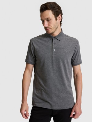 Cacharel Erkek Koyu Gri Slim Fit Pamuk Karışımlı Düğmeli Polo Yaka Basic T-Shirt 50328375-VR080