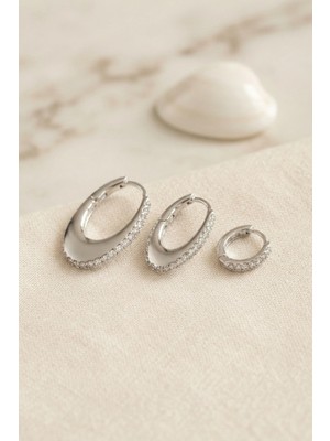 Marsilyan Gümüş Renk Oval Halka Model Zirkon Taşlı 3 Lü Küpe Set TJ-BKP11975
