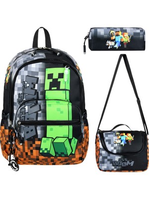 Bodmar Çanta Since 2023 Minecraft Siyah Desenli Üçlü Erkek Çocuk Ilkokul Çantası Seti Yeşil (Çanta Termal Beslenme Çantası Kalemlik)