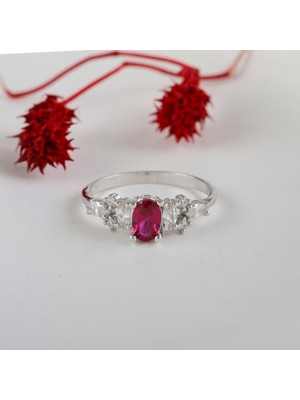 Gezer Kuyumculuk Pembe Oval Taşlı Yüzük, Oval Baget Gümüş Yüzük, 925 Ayar Gümüş Yüzük