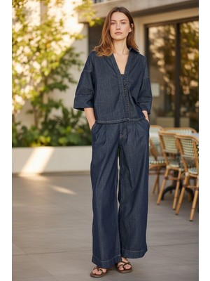 Stil Kuşağı Kadın Truvakar Kol Denim Gömlek Pileli Jean Pantolon İkili Takım