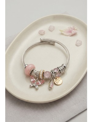 Kuşkaya Ticaret Pembe Kristal Kelebek Charmlı Bileklik