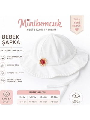Mini Boncuk Miniboncuk Beyaz Çiçek Detaylı Bağcıklı Kız Bebek Güneş Şapkası 0-24 Ay | Yeni Sezon