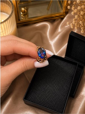 K&a Luxury Mistik Safir Taşlı Kadın Yüzük Mavi Topaz Otantik Vintage Tasarım Yüzük