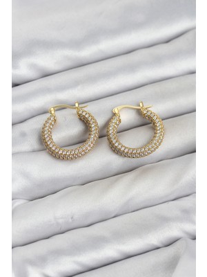 Mey Ithalat® Gold Renk Full Zirkon Taşlı Halka Kadın Küpe