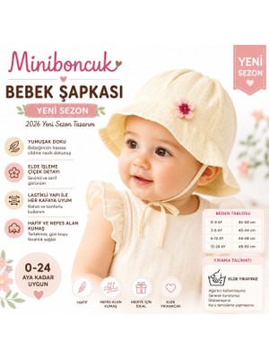 Miniboncuk Krem Müslin Bağcıklı Çiçek Detaylı Geniş Kenarlı Kız Bebek Güneş Şapkası (0-24 Ay)