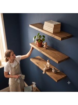 Woodwera Doğal Masif Çam Ahşap Yüzen Raf ,  Salon , Mutfak ,  Banyo Rafı