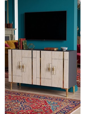 Yumedi Design KA1242ATG - Ilay Konsol, Tv Sehpası, Çok Amaçlı Dolap ve Kahve Köşesi 120CM Antrasit-Traverten-Gold