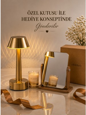 Elieldam Doğum Günü Özel Gün Yeni Iş Hediye Gold Dokunmatik Masa Lambası & Kokulu Mum & Ahşap Makyaj Aynası Hediye Seti