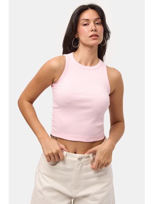 It's Basic Kadın Pembe S6-98 Sıfır Kol Esnek Kumaş Crop Top