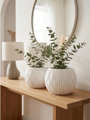Kaveld Stone Calm El Yapımı Dekoratif Seramik Görünümlü Saksı – Çizgi Kabartmalı | Minimalist Iç Mekan Saksısı | Salon Balkon Ofis | Çiçeklik Ev Dekoru