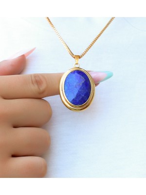 Esha Store Doğal Taş Lapis Doğaş Taşlı Kadın Oval Kolye EUK53LPS