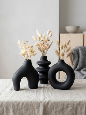 Kaveld Trio Forma – El Yapımı 3'lü Dekoratif Vazo Seti, Kemer + Yığma Halka + Donut Form | Mermer Tozu & Beton Minimalist Kuru Çiçek Vazosu