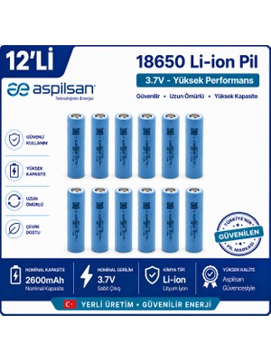 Aspilsan 18650 2600MAH 3.7V Li-Ion Şarjlı Pil 12'li Paket | INR18650A28 Orijinal Lityum Iyon Batarya | Powerbank, E-Bisiklet, Ups ve Solar Sistemler Için