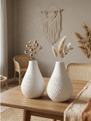 Kaveld Vela – 2'li El Yapımı Mermer Tozu Vazo, Armut Form  Minimalist Kuru Çiçek Vazоsu