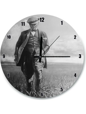 Empressco Siyah Beyaz Buğday Tarlasındaki Atatürk Duvar Saati (Çap 30X30 Cm)