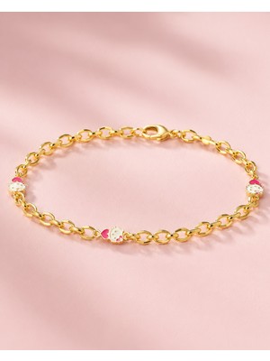 Sarezza Gold 14 Ayar Altın Kırmızı Kalp Mineli Kedi Figürlü Çocuk Bileklik