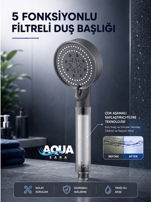 Aqua Sara 5 Fonksiyonlu Filtreli Duş Başlığı Su Arıtmalı, Klor ve Kireç Önleyici, Yüksek Basınçlı