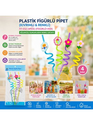ForWhat Büro Ev Ofis Mutfağı Için 4ADET Renkli Plastik Kıvrımlı Figürlü Pipet Seti