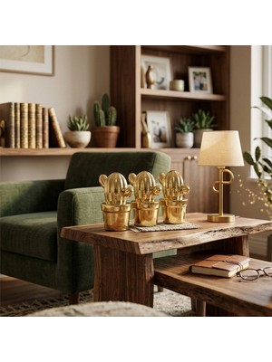 ForWhat Büro Ev Ofis Dekoru Için Maksi Golden Seramik Saksılı Kaktüs Motif Biblo