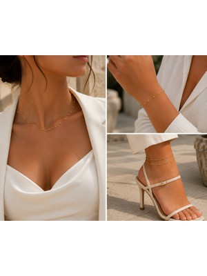 Adata Jewelry Çelik Dorika Top Model Kadın Kolye / Bileklik / Halhal Kombin Set Gold / Gümüş Renk Uzatma Zincirli