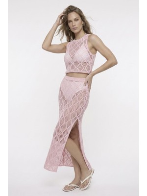 Neden Tekstil Dantel Görünümlü Ajurlu Beachwear Crop Top ve Yırtmaçlı Uzun Etek Triko Takım