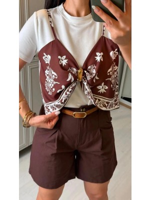 Defy Moda Kadın Şal Desen Detay Bluz ve Keten Şort Ikili Takım